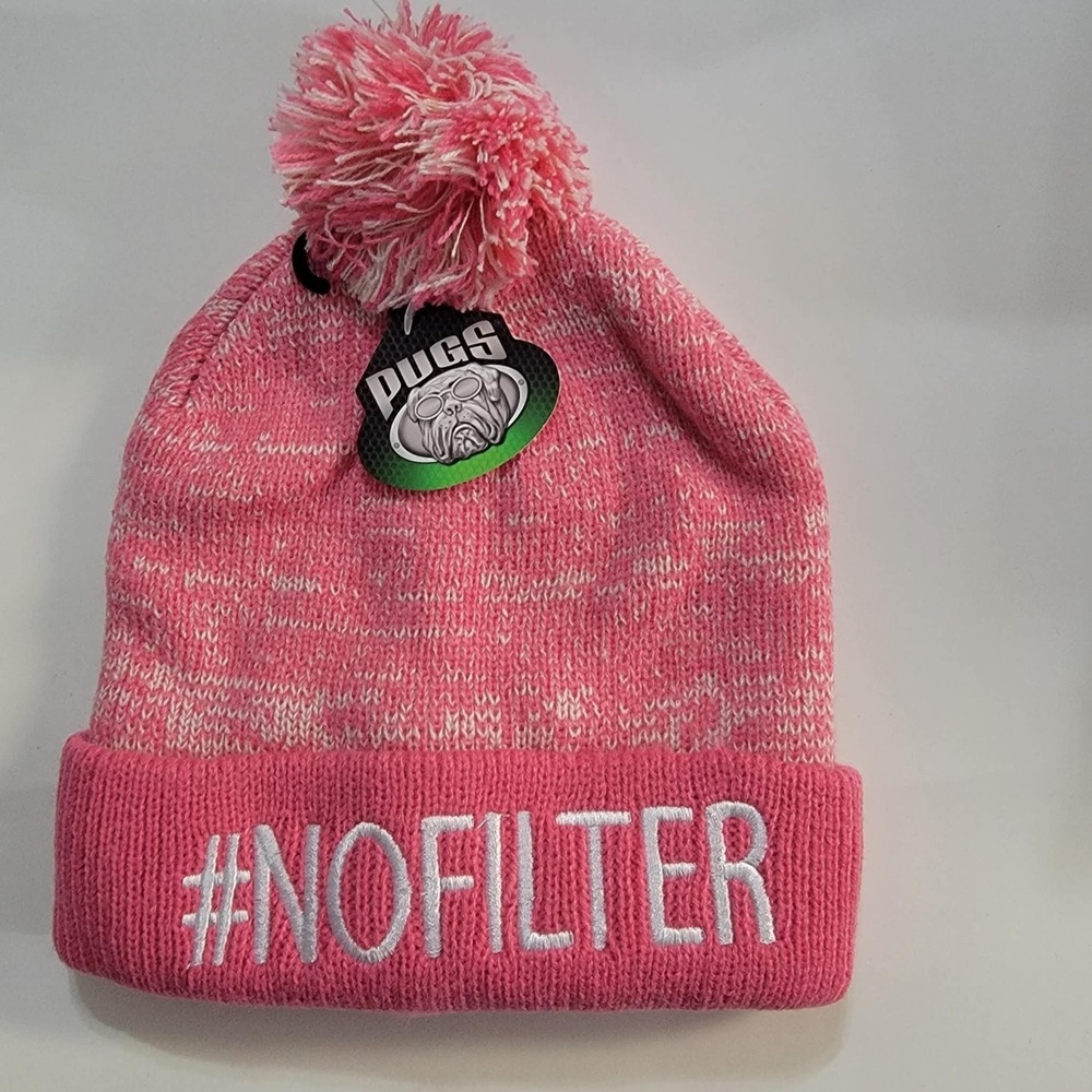Pugs Toboggan Pom Pom Knit Beanie Pink #NOFILTER Embroidered Hat One Size NEW